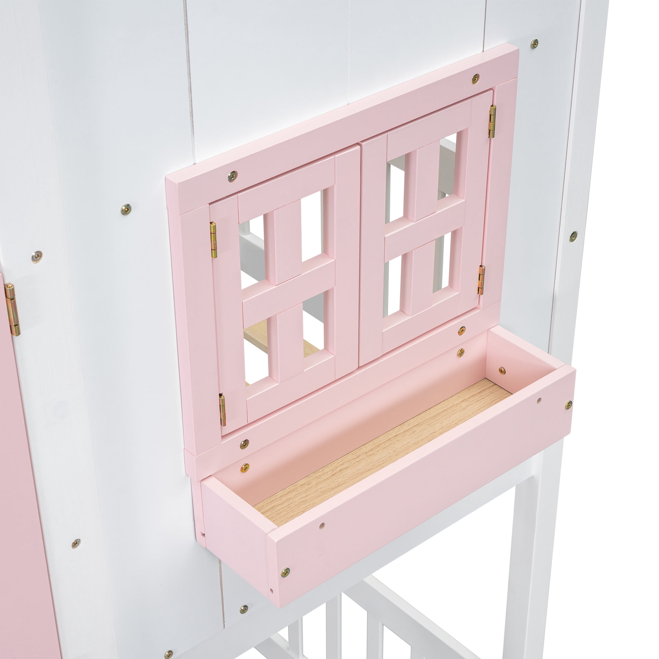 Noble House Twin Over Twin House Bunk Bed, Pine Wood Frame with Safety Guardrails and Ladder, Pink + White