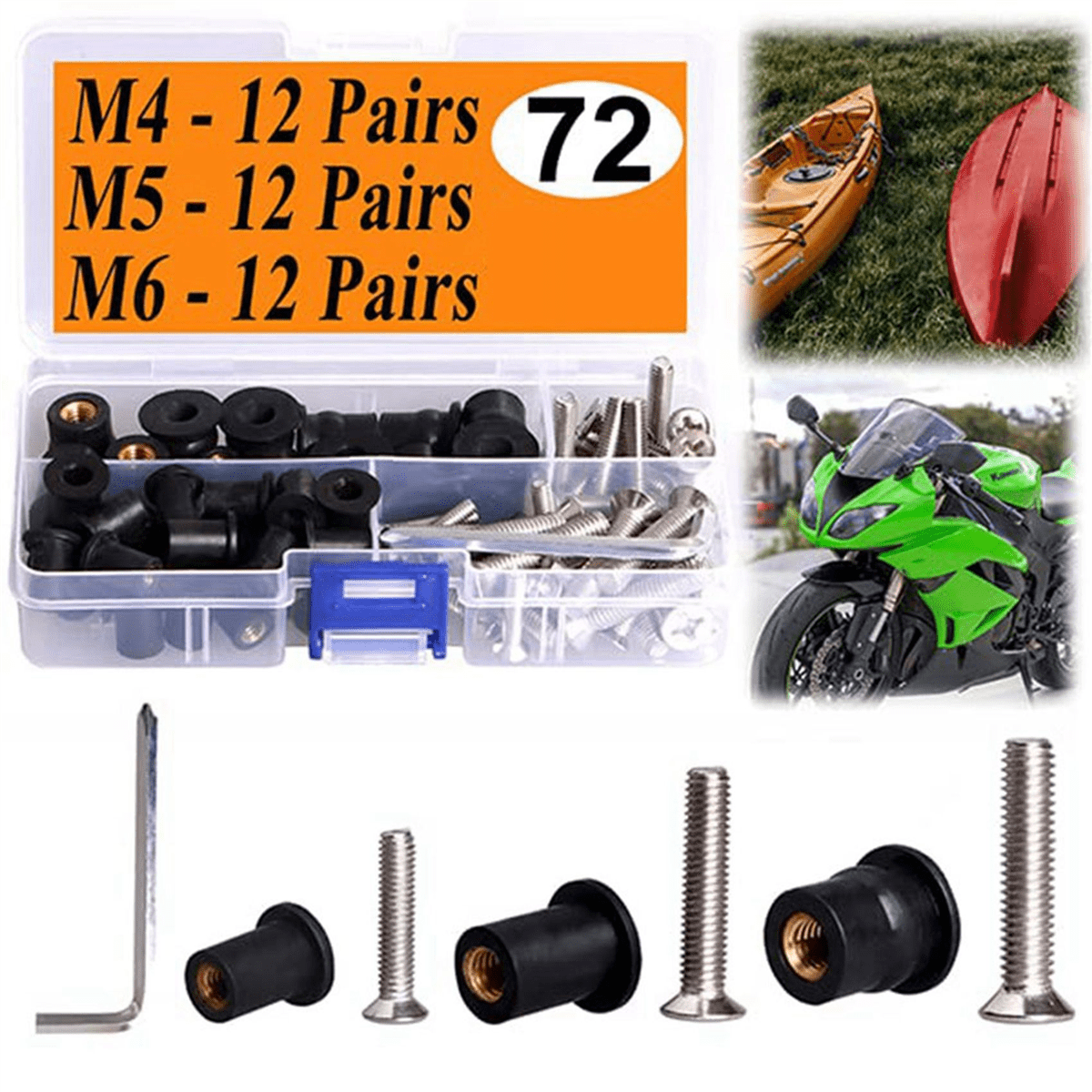 72 Pairs /M5/M6 Neoprene Well Nuts with Stainless Steel Screw Rubber Well Nuts Kayak Brass Copper Bolts Well Nut Kit