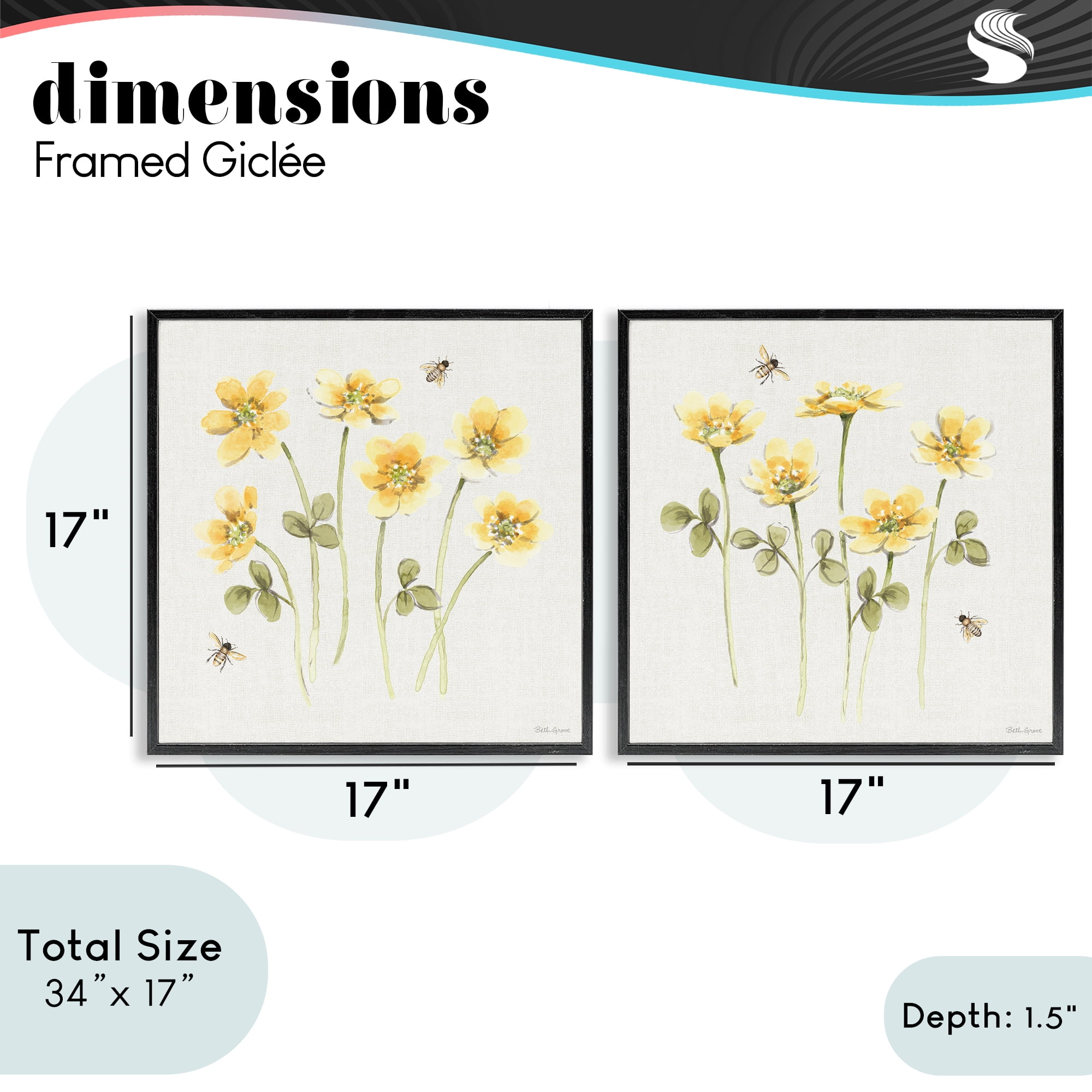 Stupell Industries Sweet Honey Flowers & Bees 2 Piece Black Framed Giclee Art Set, design by Beth Grove