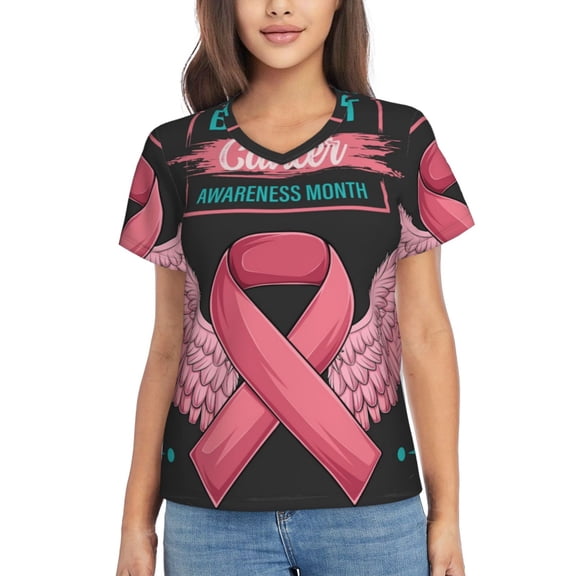 Xecao Ribbon With Angel Wings for Women's V-Neck T-Shirts-Elegant Half-Sleeve Tops Perfect for Summer-Small