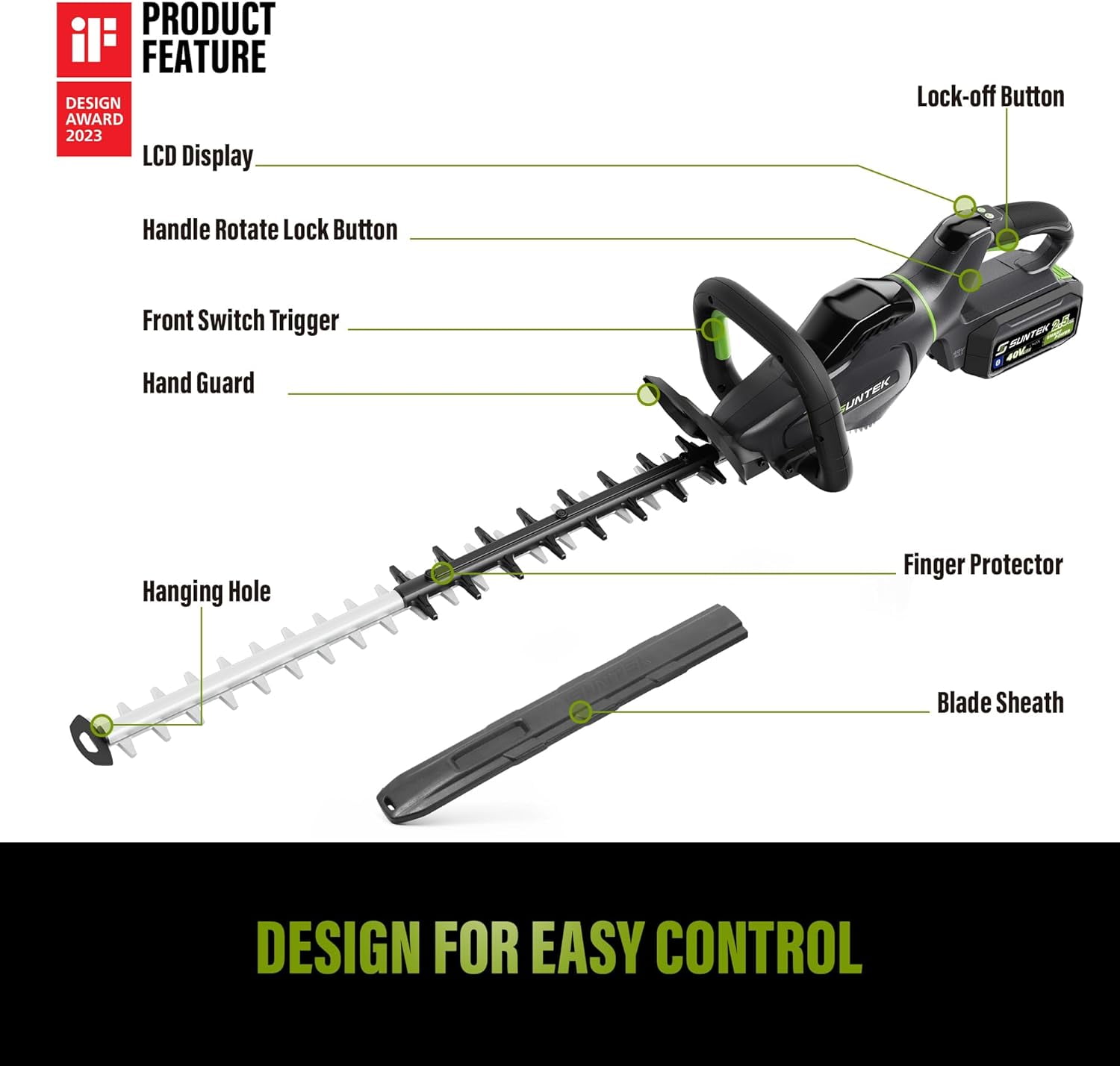 SUNTEK 40V Cordless Hedge Trimmer with 24'' Dual-Action Blade, Battery and Charger Included, Black