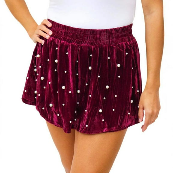 BLVB Women Summer Velvet Skorts Cute High Waist Fashion Shorts for Night out Club Party with Pearl