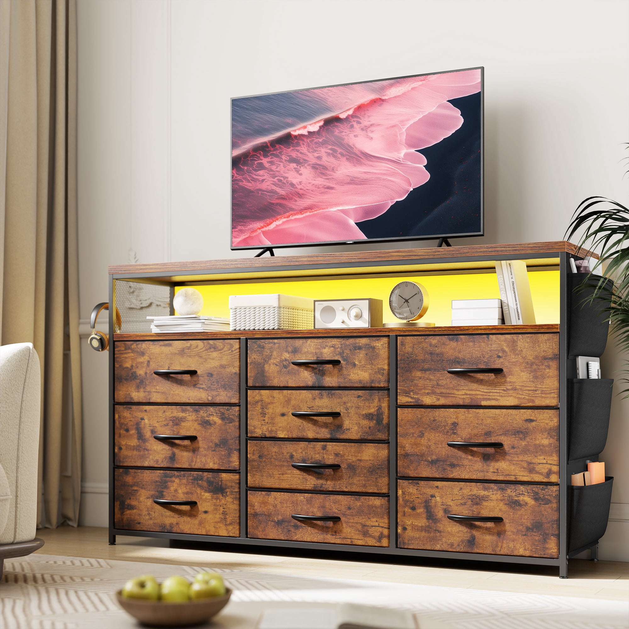 Dressers for Bedroom with 10 Drawers for 55" TV Stand with Power Outlets & LED Lights & Entertainment Center,Chest of Drawers with Shelves & Side Pockets Sturdy Metal Frame & Wood Top,Rustic Brown
