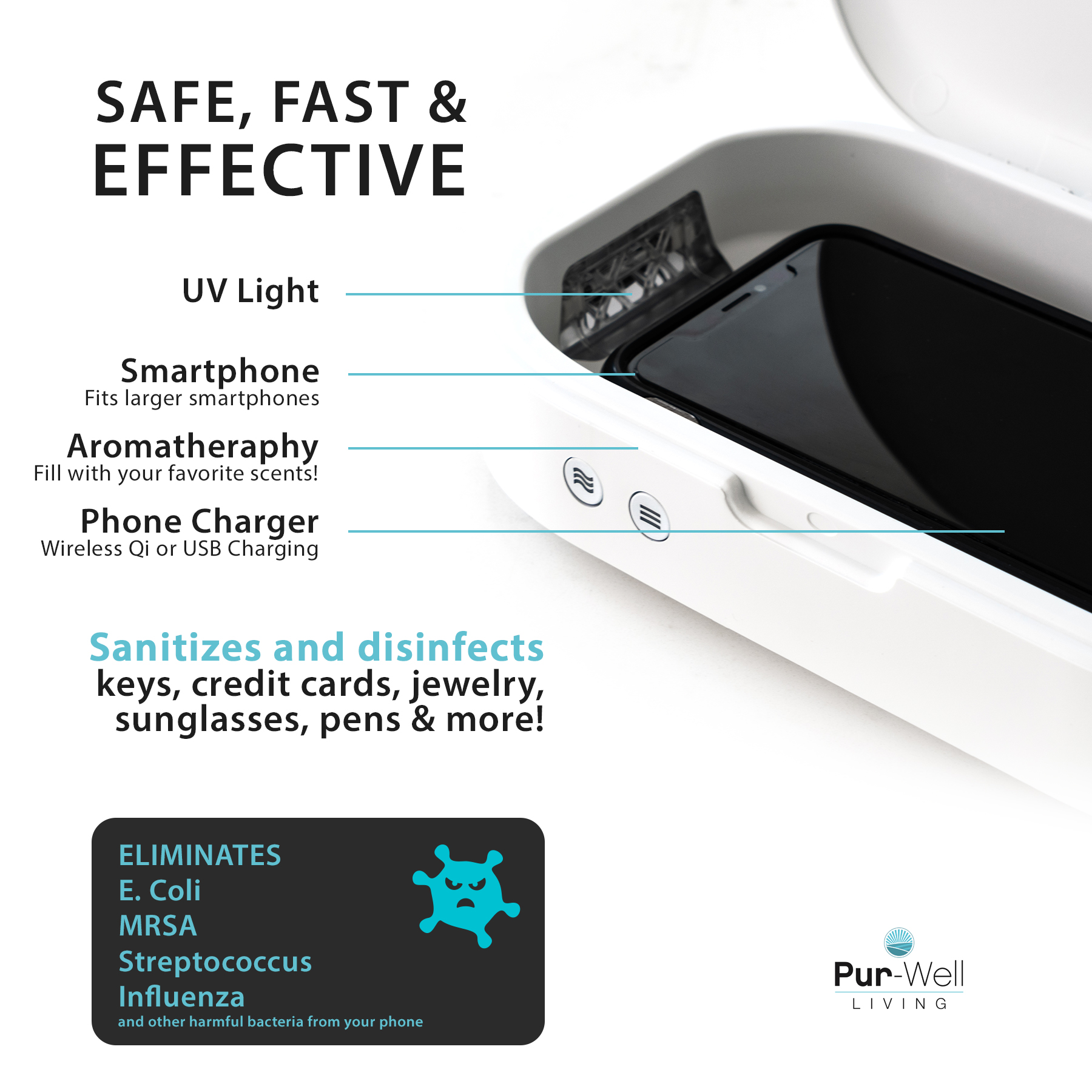 Pur Phon-itizer UV Light Phone Sanitizer | UV Sanitize Disinfect Charge Your Cell Phone Qi by Pur-Well Living - image 4 of 8