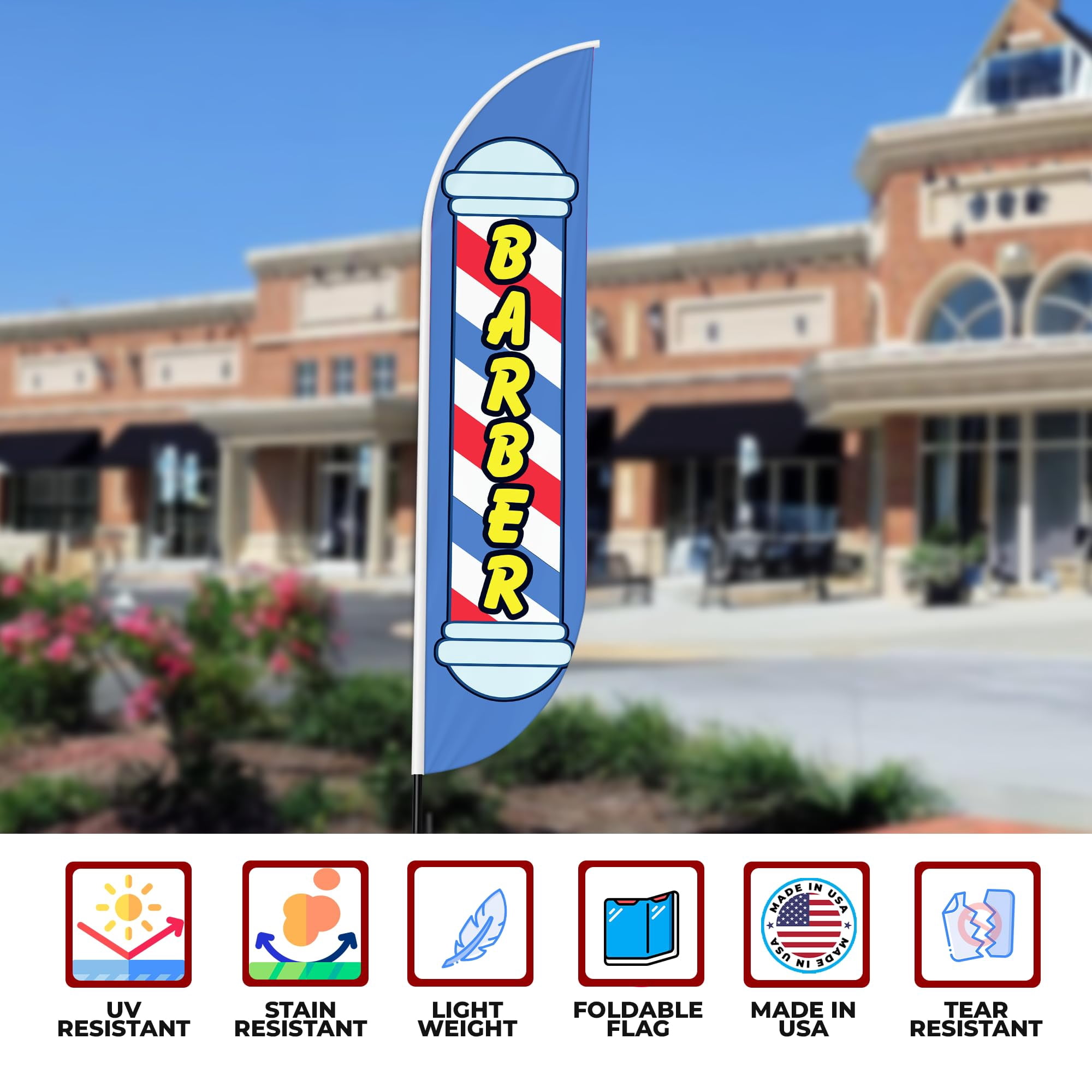 Barber Sign feather flag for Outdoor by Mavis Print | 11.5 FEET Long Polyester Outdoor Banner Flag for Easy Hang | HD Print Swooper I Flag Only for Salon Advertising | Made in USA I Flag Only
