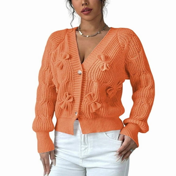 Women'S Crochet Cardigan V Neck Long Sleeve Decorated Button Down Knit Sweater Tops Orange S