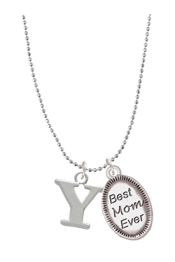 Silvertone Large Initial - Y - Best Mom Ever Charm Necklace