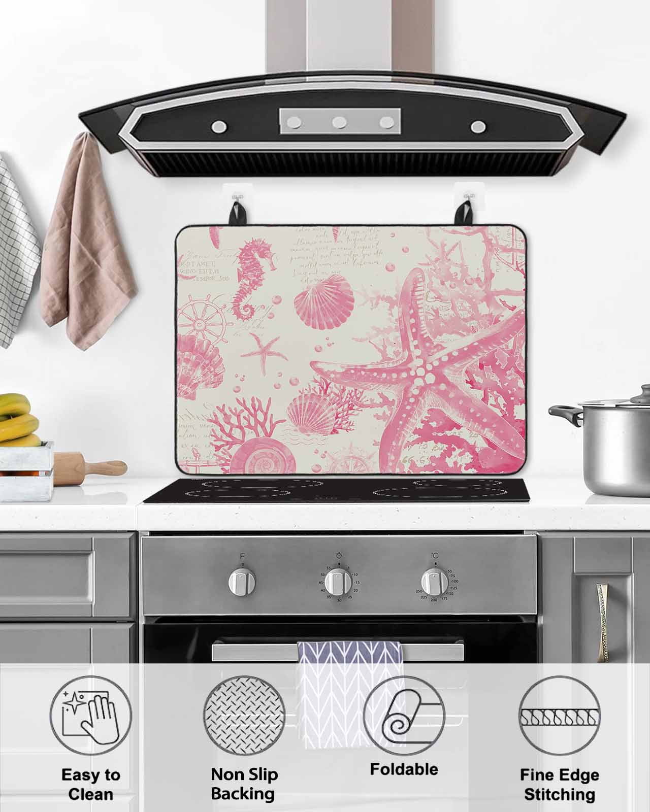 nqOlkjepod Large Induction Cooktop Protector Mat 36"x21", Pink Coastal Starfish Stove Top Covers for Electric Stove, Nautical Beach Conch Seashhells Stove Burner Cover Mats, Glass Top Stove Cover