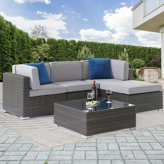 CHYVARY 5 Pcs Outdoor Conversation Lounge Sectional Couch Set,PE Wicker Rattan Woven,Washable Sponge Cushions with Tea Table,Brown&Gray