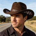 thumbnail image 3 of RUINIXCW Western Cowboy Hat for Men Women Cowgirl Hat Felt Wide Brim Fedora Hat with Bull Head Belt Floral Embroidery Roll Up Jazz Hat Themed Party Cap Wedding Festival Costume, 3 of 8