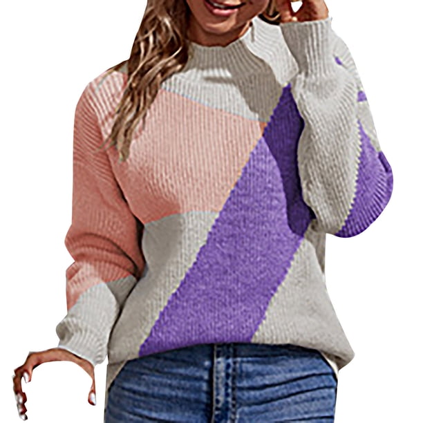 Gibobby SuéTer Mujer Invierno Suéter de punto de bloque de color de cuello cómodo casual para mujer para otoño e invierno(Morado,CH)