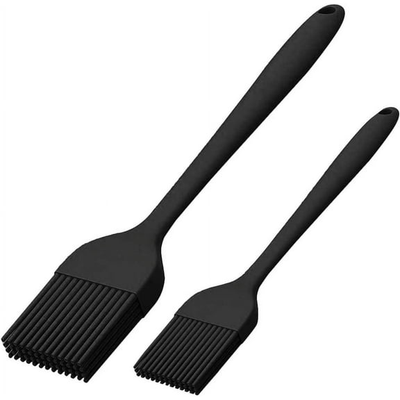 Silicone Brush Set of Two Heat Resistant Long Handle Pastry Brush for Grilling, Baking, BBQ and Cooking (Black)