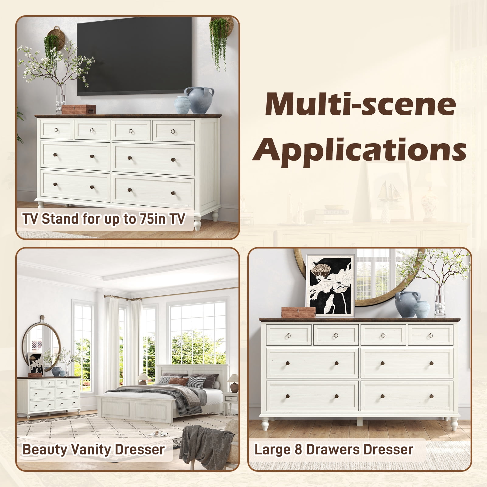 ChVans 65 inch Large Long Drawer Dresser,8 Drawer Dresser for Bedroom,Modern Farmhouse Wood Wide Chest of Drawers,Storage Dressers for Bedroom,Living Room & Hallway