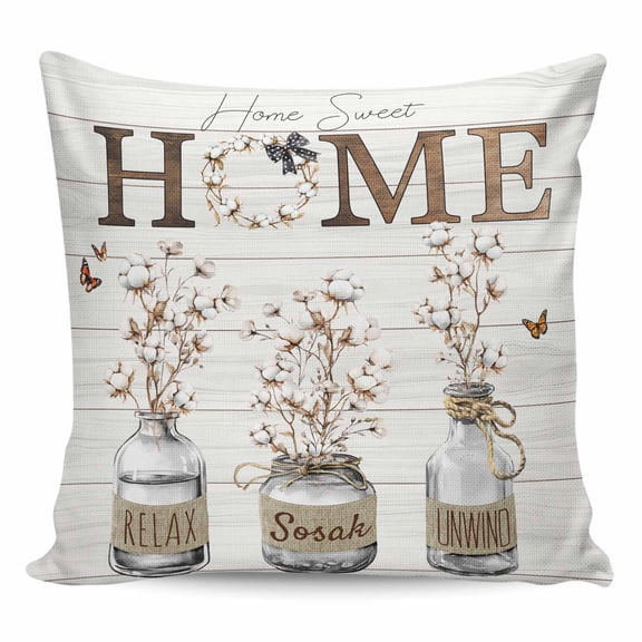 Throw Pillow Covers 18x18 Inch, Cotton Floral Decorative Pillow Cases for Couch Sofa Bed, Farmhouse Botanical Wooden Grain Cotton Linen Square Home Decor Pillowcases with Hidden Zipper