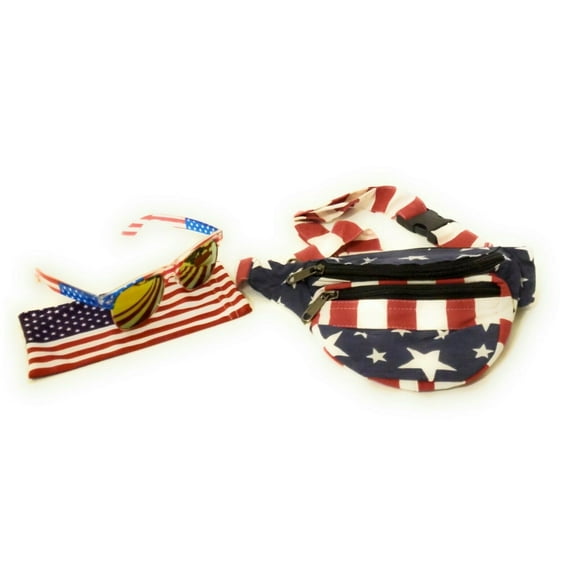 Womens Fanny Pack USA American Flag Sunglasses Patriotic Money Bag Waist Purse Glasses Set Red Blue