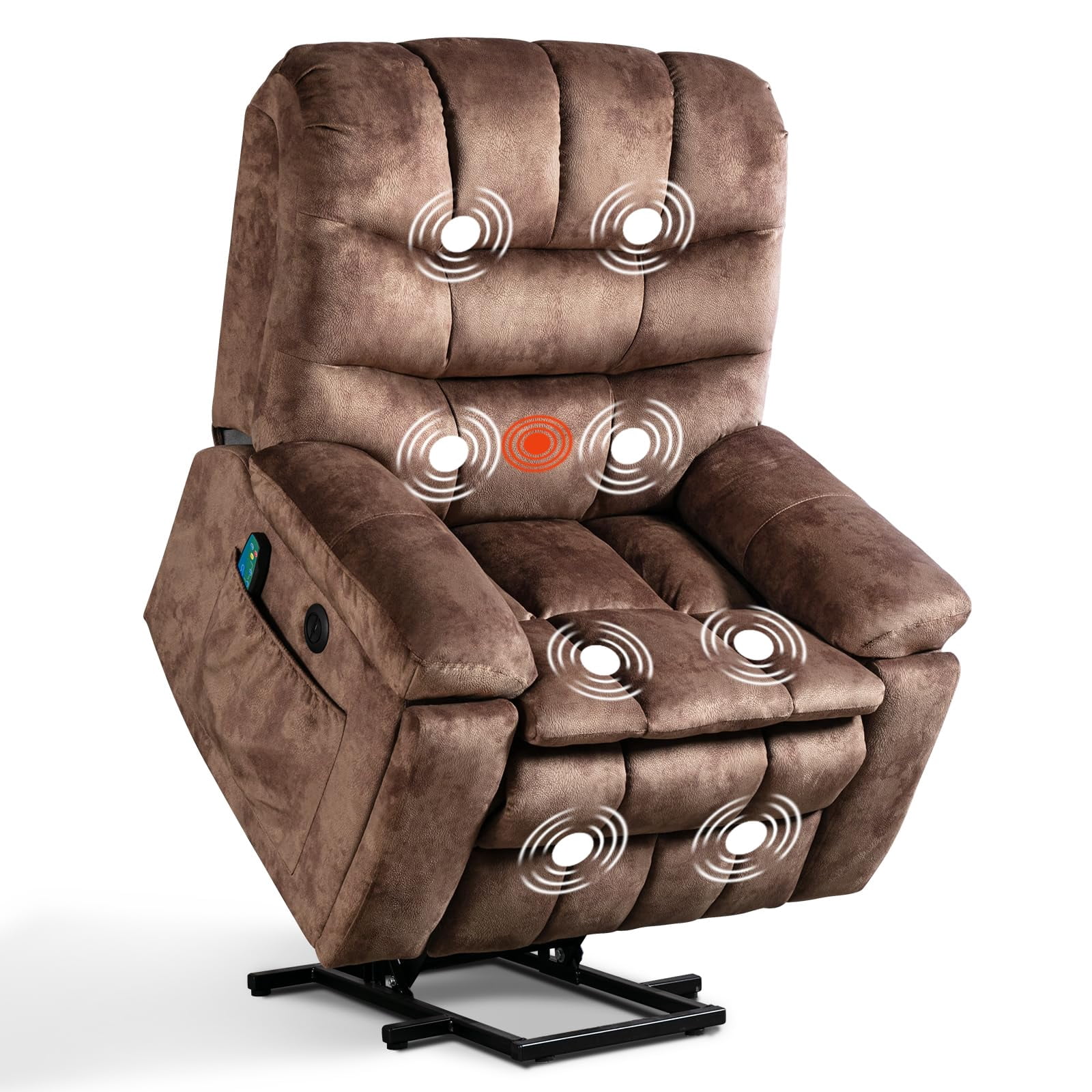 Ebello 40.5" Wide Extra Large Microfiber Electric Heated Massage Lift Recliner Living Room Chair with 2 Cup Holders, Brown