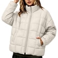 thumbnail image 5 of Mifsaly Quilted Puffer Jacket for Women Stand Collar Zip Up Long Sleeve Oversized Lightweight Winter Coat Fall Cold Weather Casual Warm Outerwear with Pockets Beige,L, 5 of 8