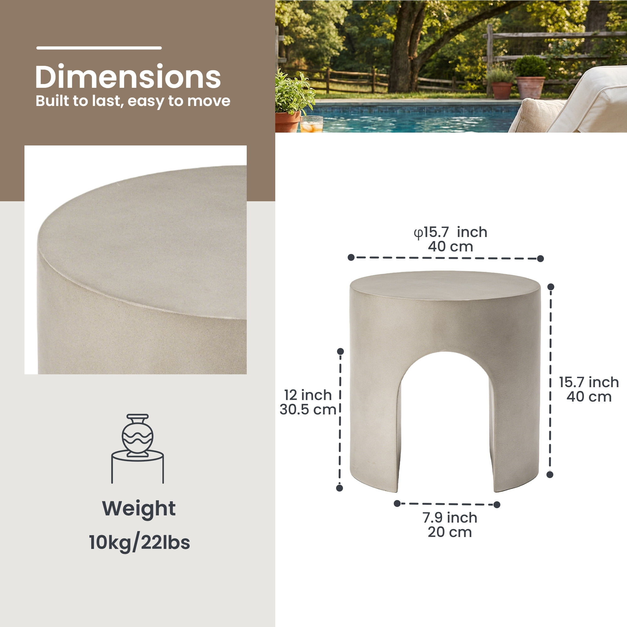 FOROUTIA 15.7" Gray Arch Side Table, Waterproof Magnesium Oxide Accent Table, Modern Indoor Outdoor End Table for Patio, Living Room, Bedroom, Small Space Stool