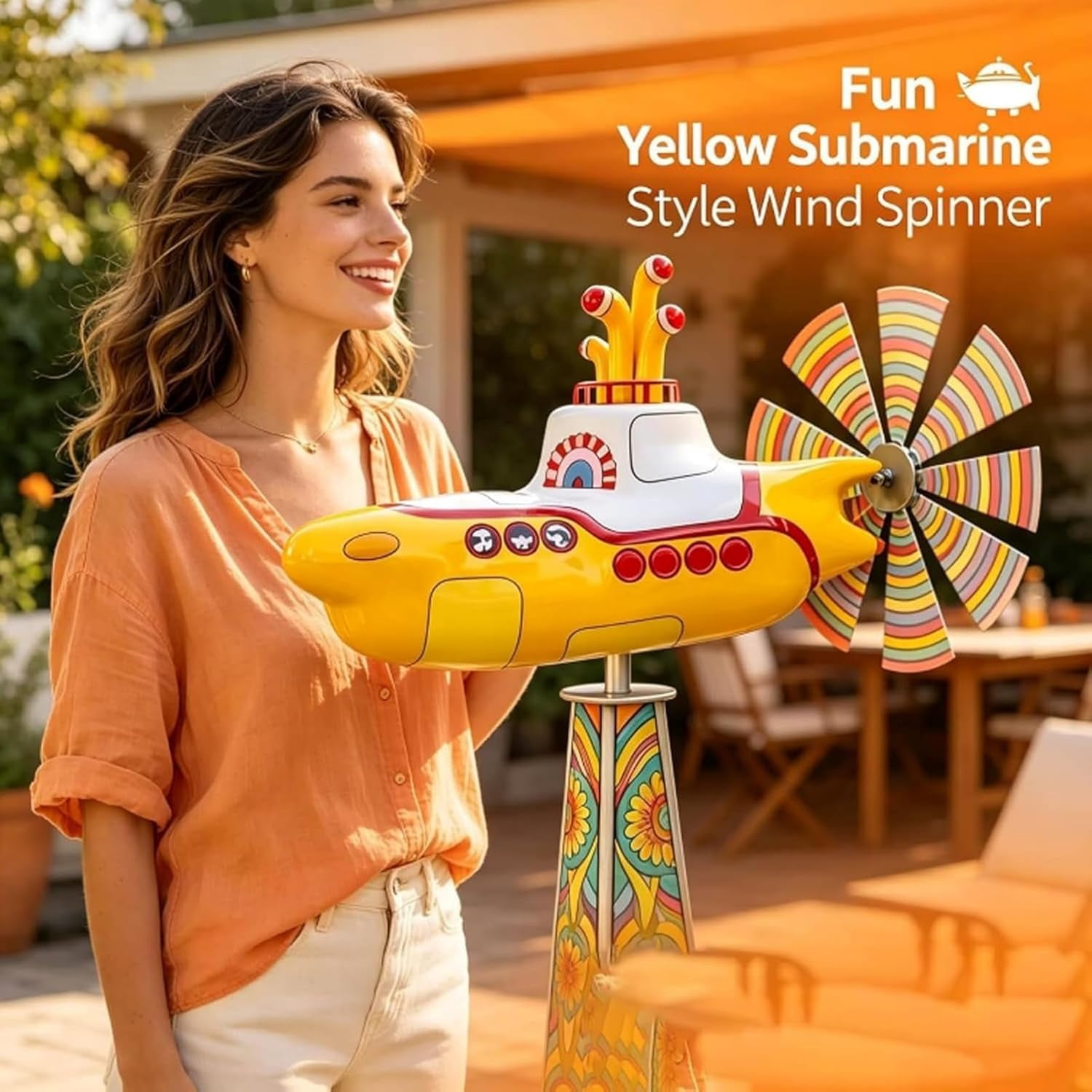 Yellow Submarine Wind Spinner, Deep Sea Rotating Kinetic Garden Decor with Spin Blades, Outdoor Yard Art for Patio, Porch & Home Gardens(RL Yellow 1 PC)