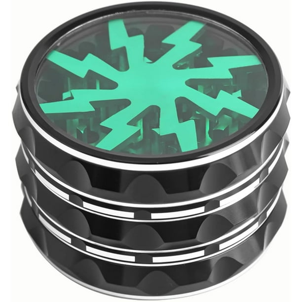 Molinillo grande de 2,5 pulgadas, molinillo de aluminio portátil con tapa transparente, juego de cigarrillos de metal con forma de tambor de cuatro capas negro-verde