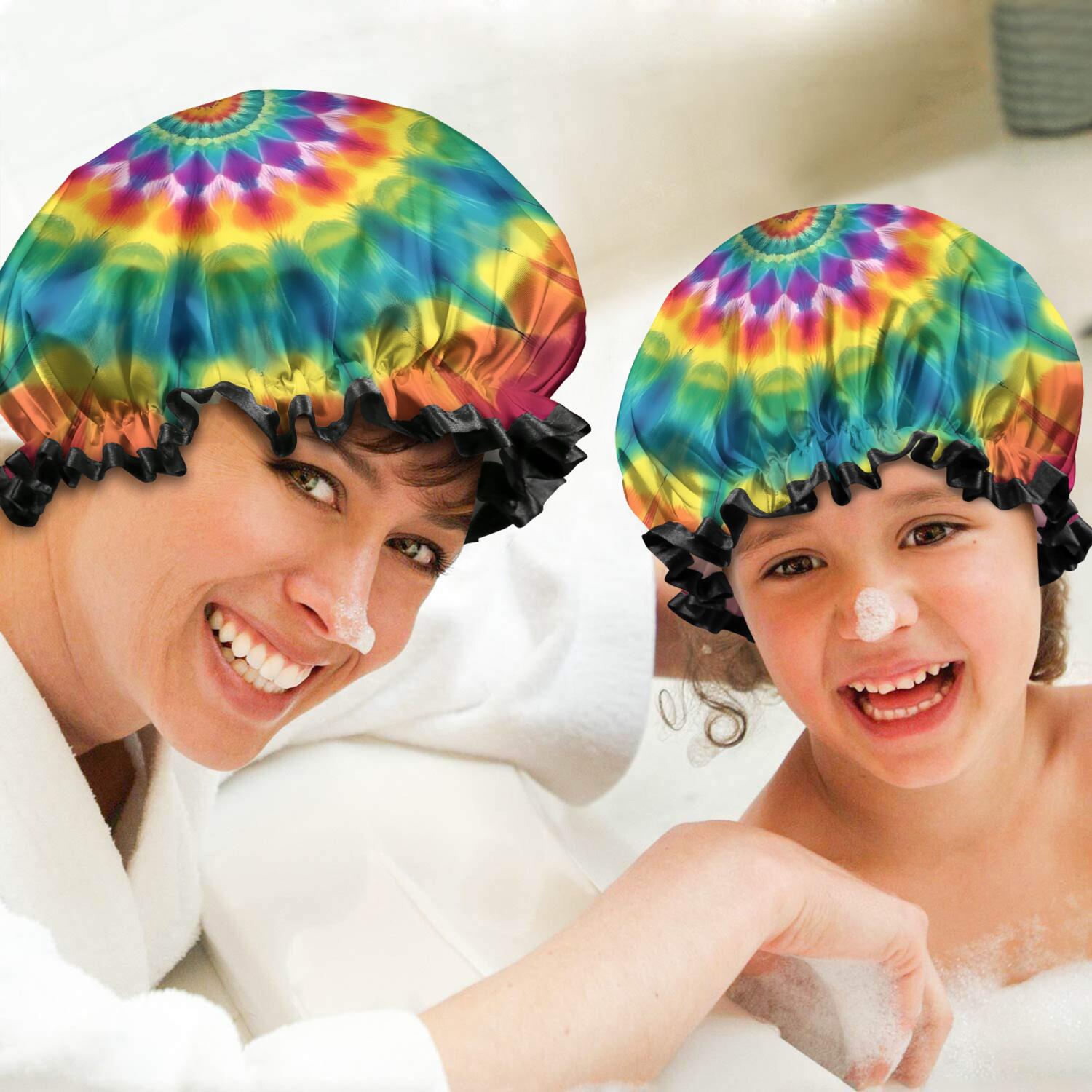 Shower Caps,Rainbow Tie Dye Mandala Pattern Waterproof Shower Cap for Women 4 Pieces,Double Reusable Hair Cover for Shower PEVA Elastic Stretch Hem