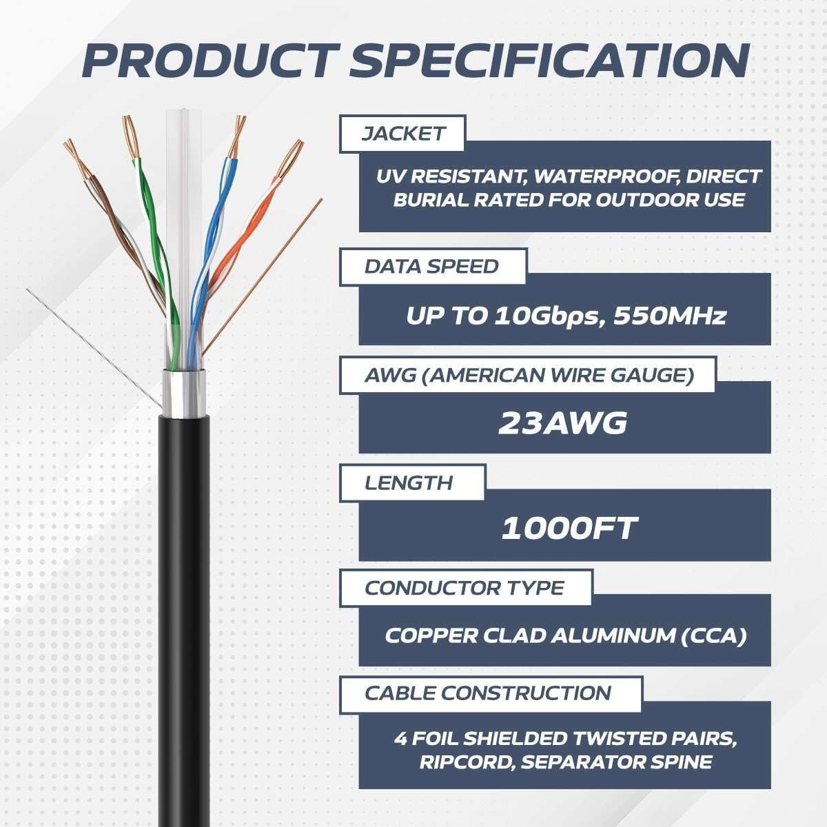 Cables Direct Online 500FT CAT6 Solid Ethernet Cable 550Mhz LAN 23AWG RJ45 Network Wire Bulk CCA Copper Clad Aluminum (FTP Outdoor, Black)