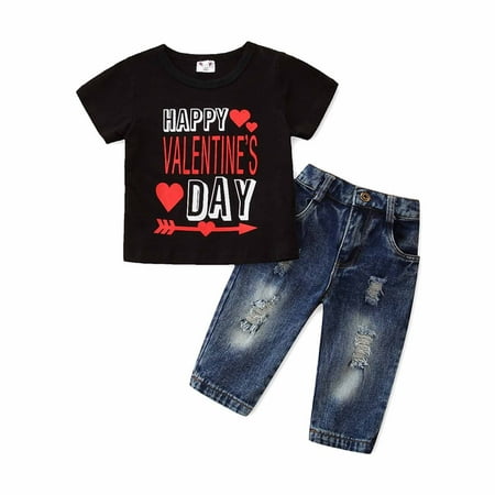 

ZCFZJW Happy Valentine s Day Baby Boys Clothes Outfits Short Sleeve Crew Neck Tee Sweatshirts Top and Denim Jeans Pants Set Black 3-4 Years