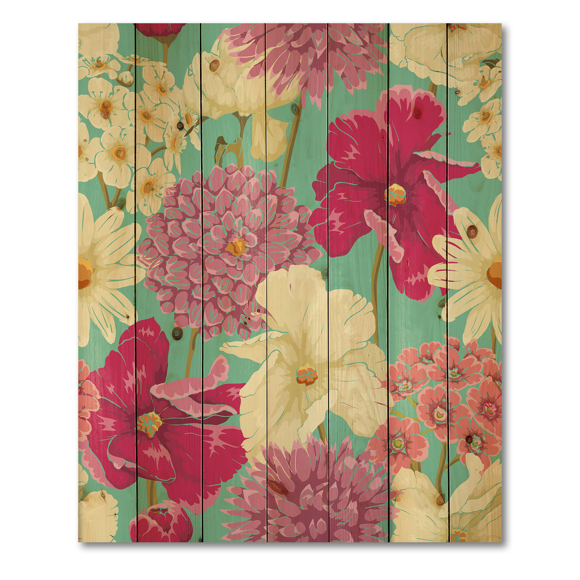 Designart 'Vintage Yellow and Pink Flowers' Traditional Print on Natural Pine Wood