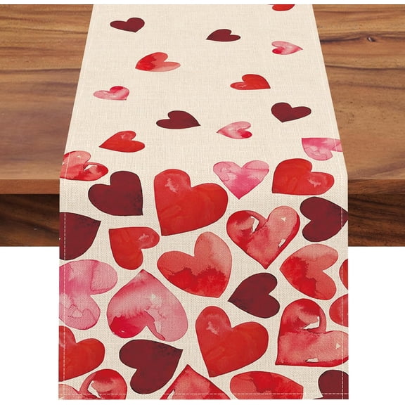 Valentines Day Dining Table Runner, Red Pink Love Heart Burlap Kitchen Decoration, Anniversary Wedding Indoor Outdoor Home Decor Party Supply 13.8 x 71 Inches