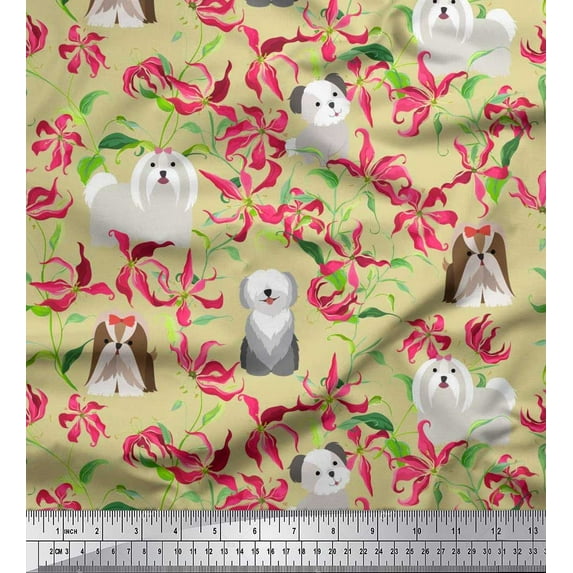 Soimoi Cotton Cambric Fabric Floral,Sheepdog & Yorkshire Terrier Dog Printed Fabric 1 Yard 42 Inch Wide