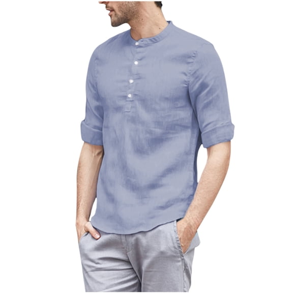 ZCFZJW Mens Linen Shirts Casual Cotton 3/4 Sleeve Regular-Fit Henley T-Shirt Lightweight Summer Beach Vacation Tees Yoga Shirt Tops Blue S