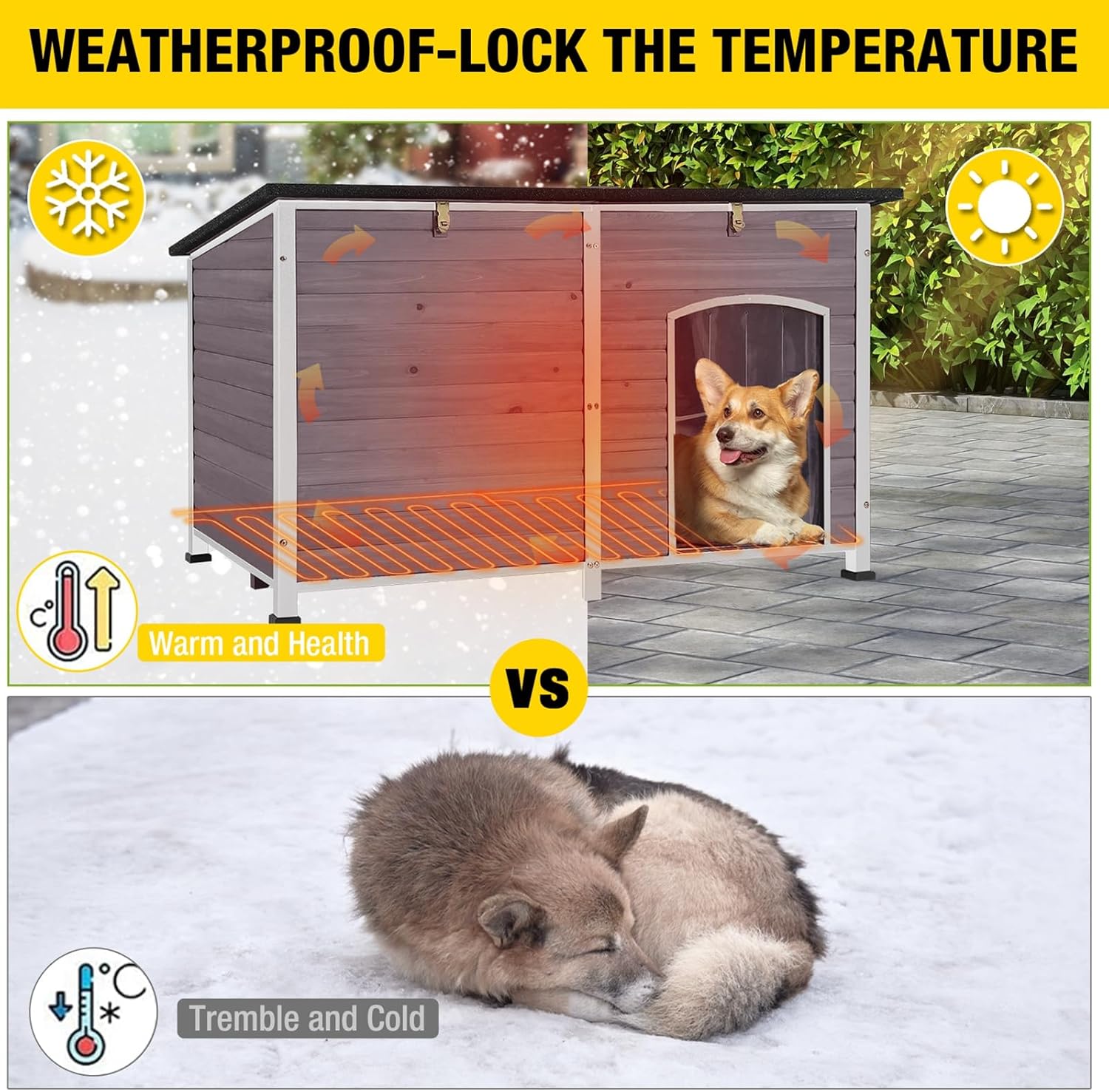 MEDEHOO Outdoor Heated Dog House 59" Extra Large Insulated Dog Kennel with Insulation Liner & Heating System for Winter,All-Around Iron Frame Cage,Grey