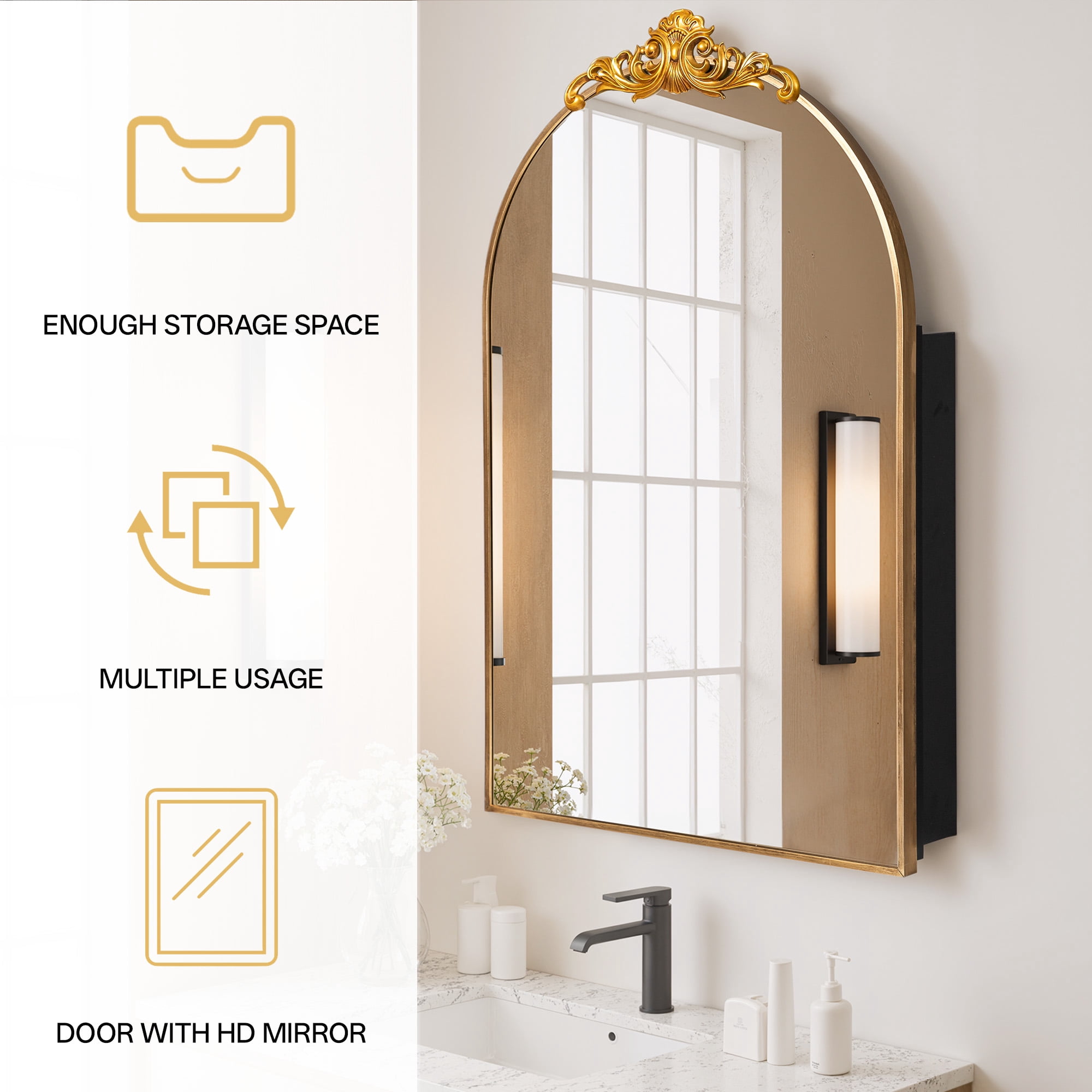 MAYEERTY 36"×24" Gold Iron Carved Arched Mirror Cabinet Rounded Corners, Bathroom Storage for Bathroom