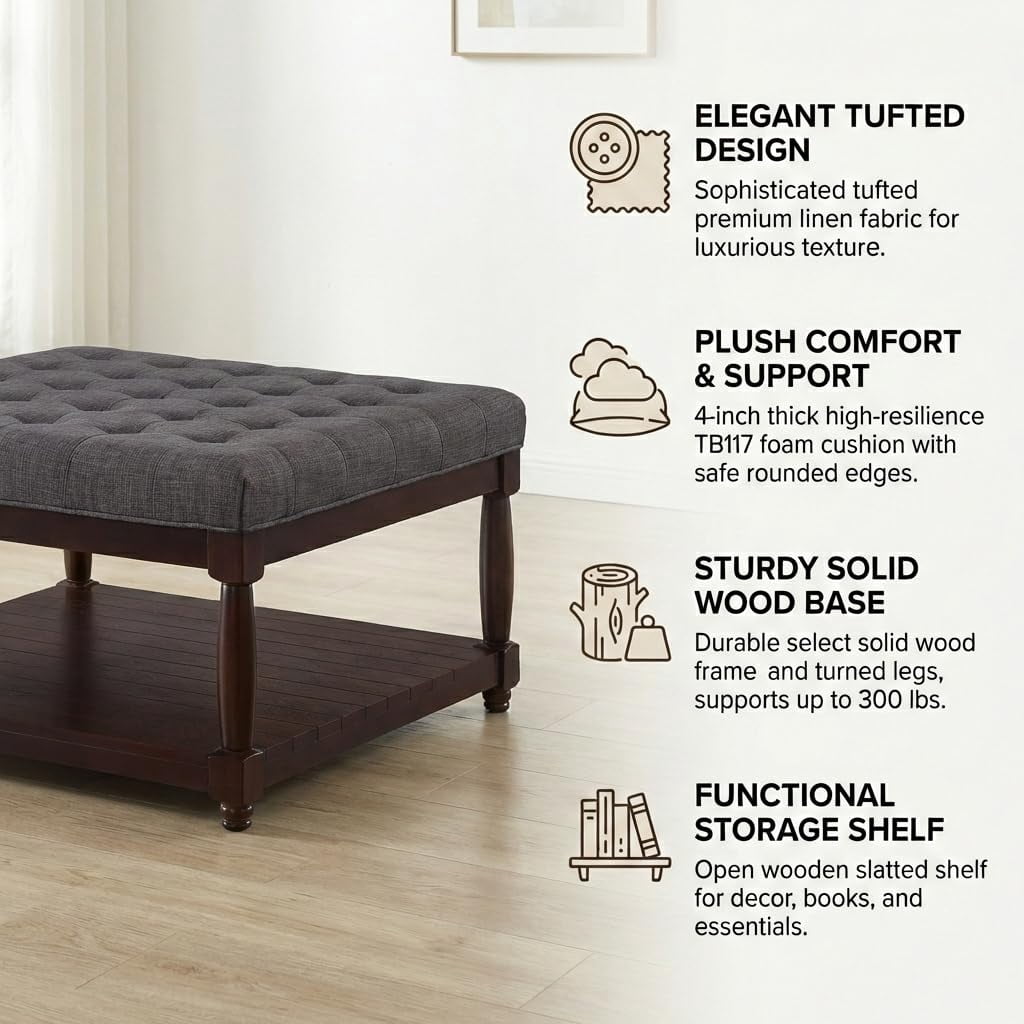 ODUWA Coffee Table Ottoman with Storage Shelf, Tufted Upholstered Footrest Stool, Solid Wood Base Accent Table for Living Room