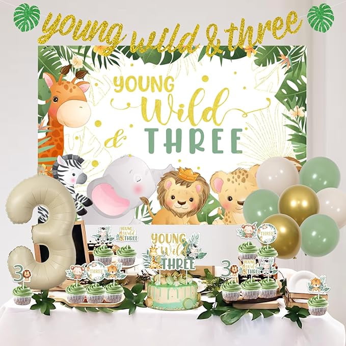 Young Wild And Three Decorations, Jungle Safari 3rd Birthday Decorations Backdrop Banner Jungle Animal Cake Cupcake Toppers Number 3 Foil Balloon for Boys 3rd Birthday Decor