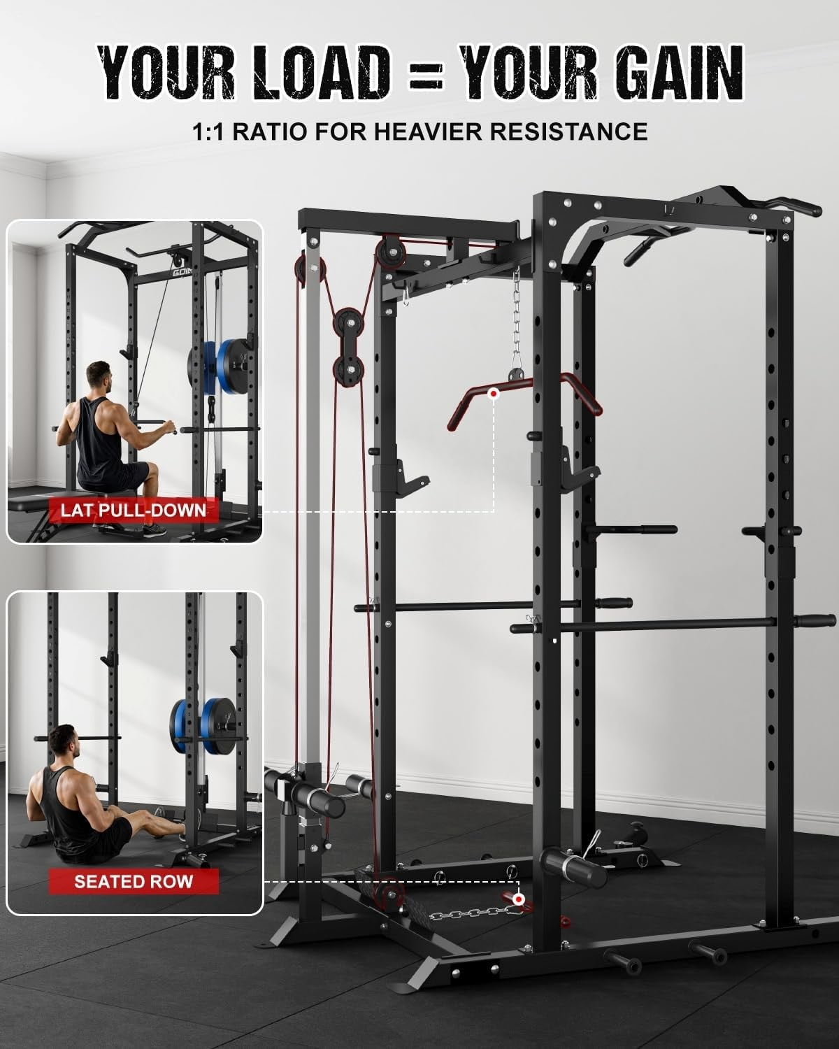 2000LBS Power Cage Squat Rack with LAT Pulldown System, Multi-Function Weight Cage Strength Training Machine, Home Gym Workout Cage with Multiple Attachments for Garage & Home Fitness