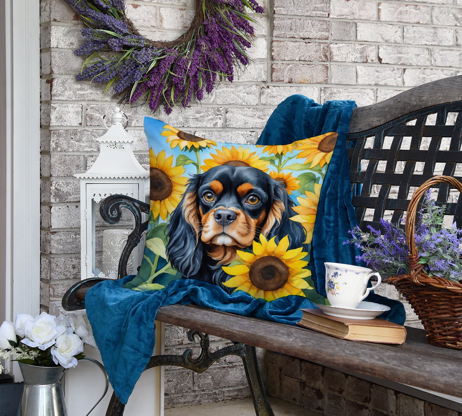 Cavalier Spaniel in Sunflowers Throw Pillow 18 in x 18 in