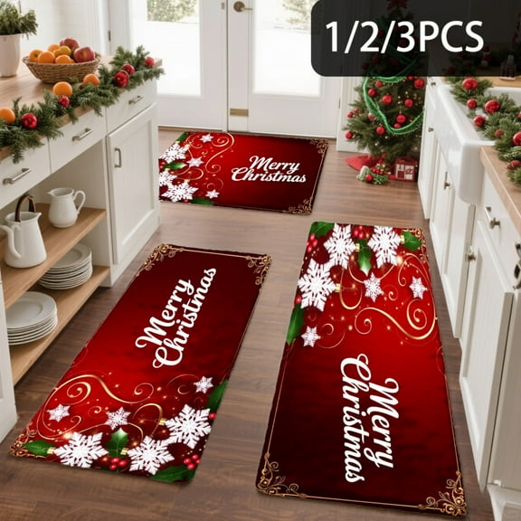 3PCS Kitchen Mat set, Welcome Door Flannel Rug,Home Decor for Front Door,Kitchen, Bathroom, Merry Christmas Snowflakes And Berries ,Great gift for Family and Friends.