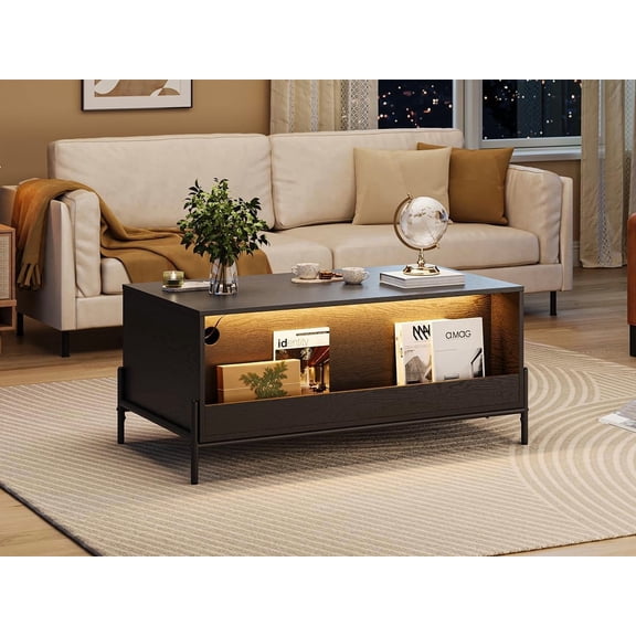Garvee Wooden Coffee Table with Storage, Modern Farmhouse Style Square Table, Room Table with Storage and LED Mood Lighting for Living Room, Bedroom, Office, Black Oak