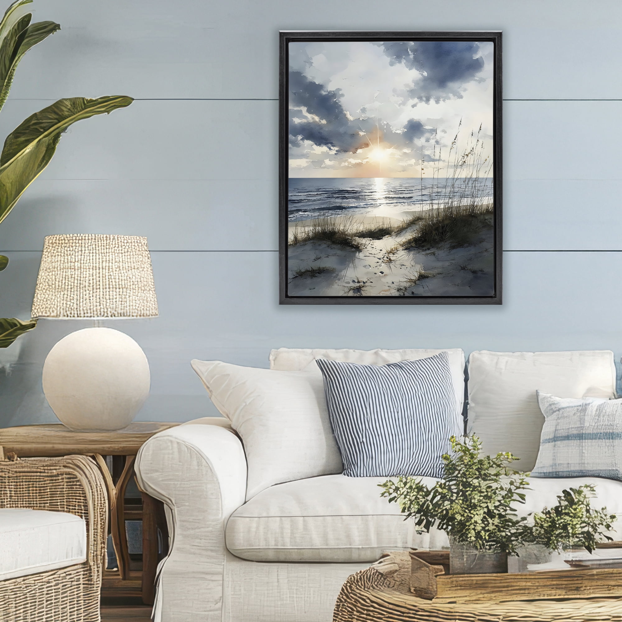 Stupell Industries Ocean Sunrise over Sandy Dunes Black Framed Floater Canvas Wall Art, design by Franklyn Gregory