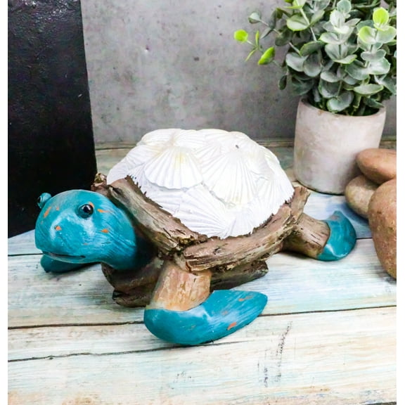 Nautical Sea Turtle With White Clam Shells In Faux Distressed Wood Finish Statue