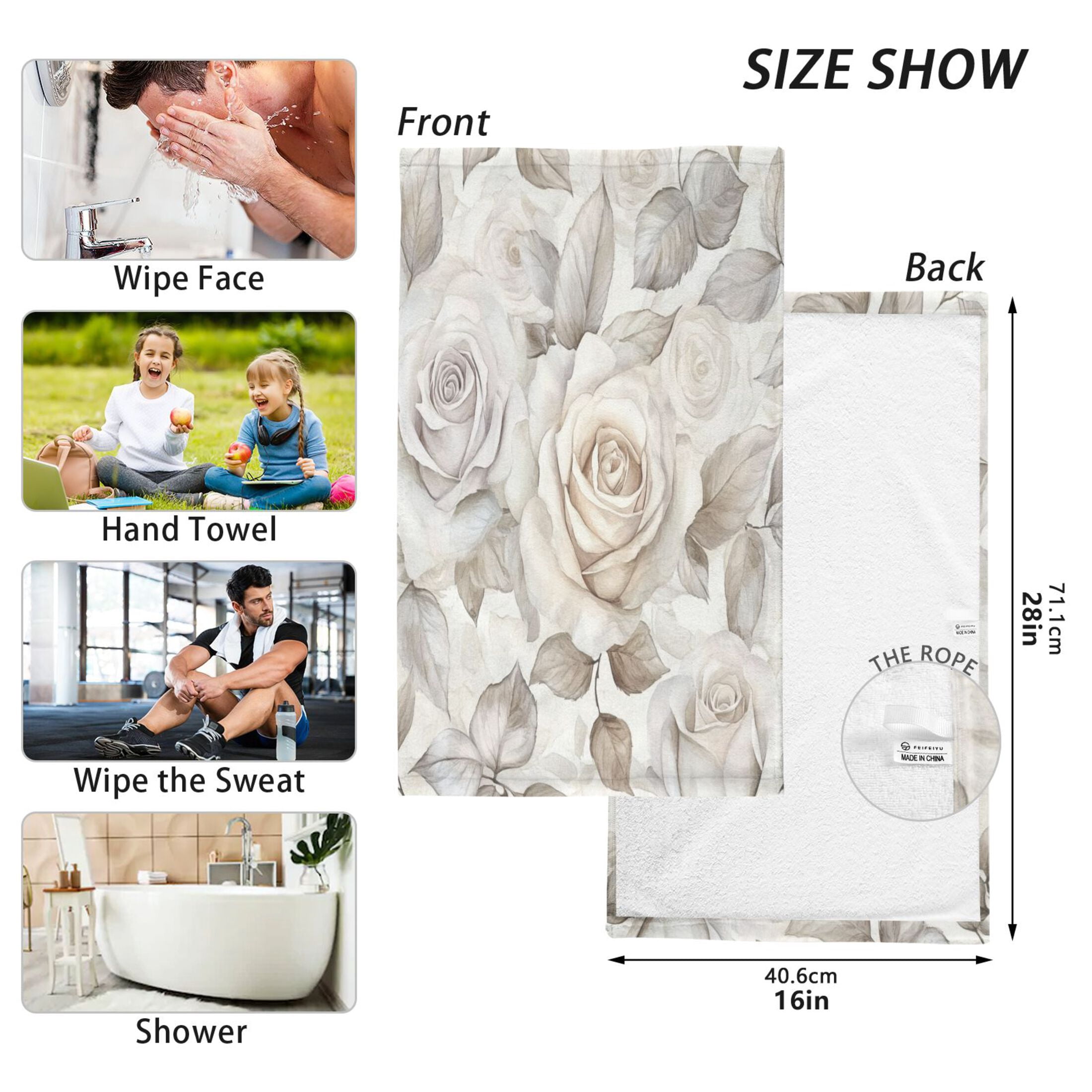 Cotton Towel Two-Piece 16x28 Inch One Sizex2 Face Towel Set Towel Set Cotton Hand Bath Towel Bathroom Beach Cartoon White Flowers