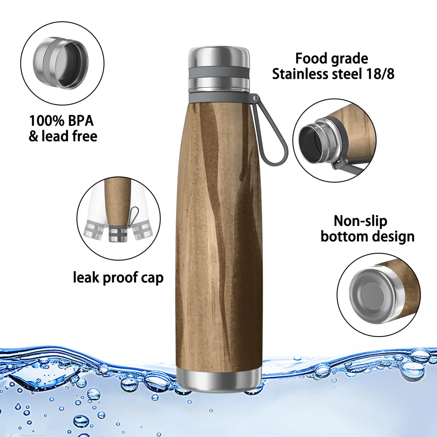 29oz Insulated Water Bottle with Tea Infuser, Stainless Steel Travel Mug, Wood Print