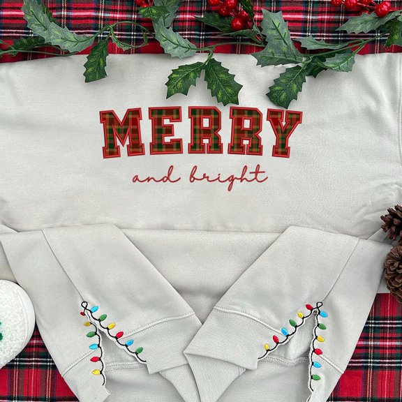 Side Christmas Lights Embroidered Sweatshirt, Merry And Bright Buffalo Plaid Shirts, Retro Side Cut Shirt, Side Bow Applique Sweatshirt