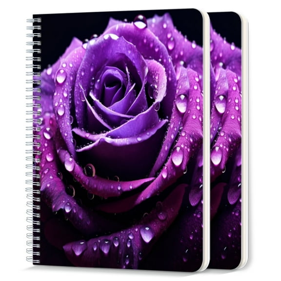 Spiral Notebook,College Ruled Journal,8.26" x 5.71" 50 Sheets/100 Pages,2 Pack - Purple Rose With Water Droplets on Petals
