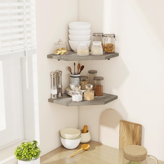 Corner Shelves 2-Pack, Floating Wall Shelf with Easy Installation - Grey