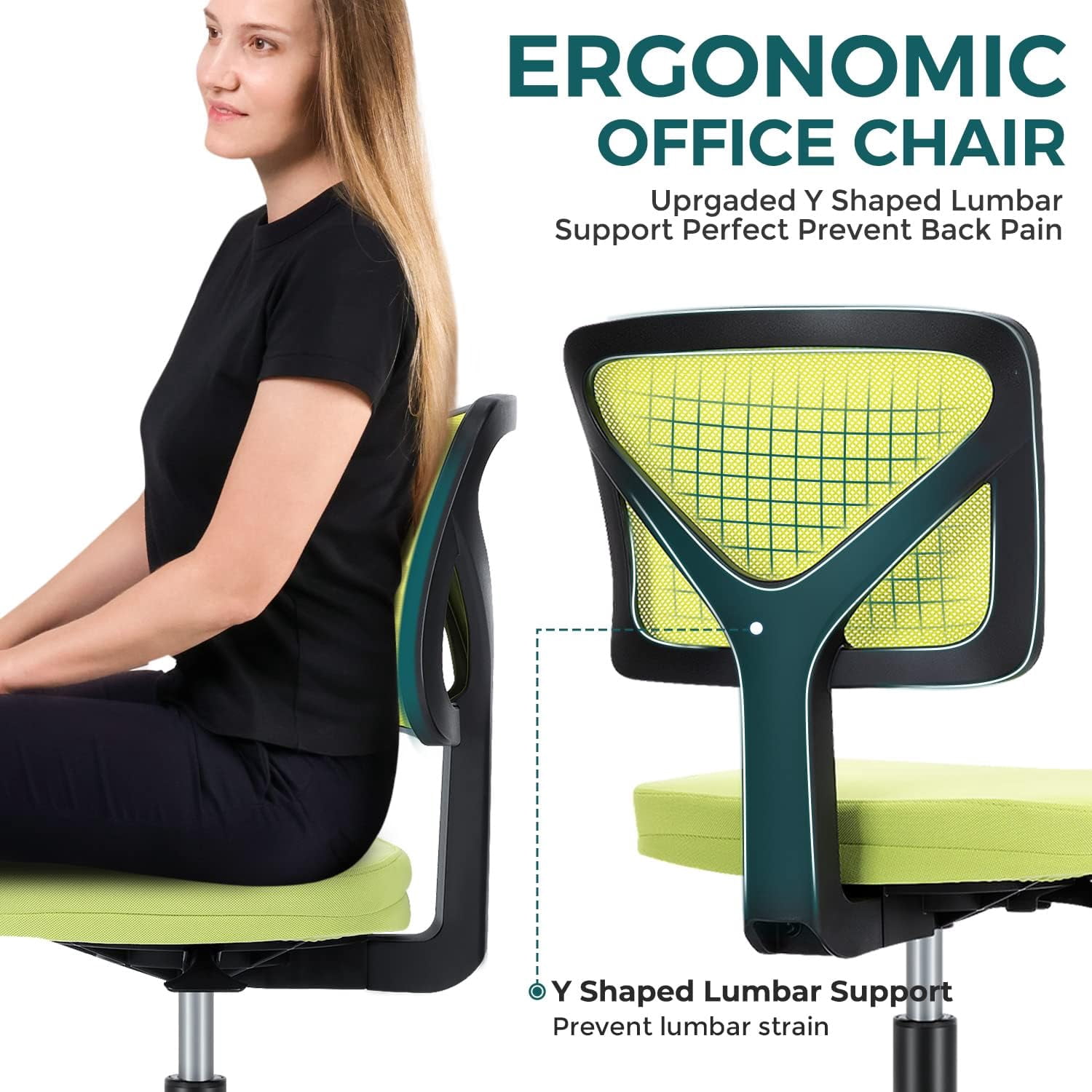 Armless Mesh Office Chair, Ergonomic Low-Back Swivel Desk Chair with Wheels and Lumbar Support, Height Adjustable, Green
