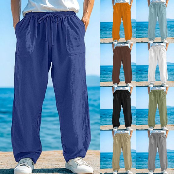 Betivan Men's Casual Beach Pants Solid Color Drawstring Elastic Waist Pockets Breathable Regular Fit Outdoor Daily Vacation Long Trousers