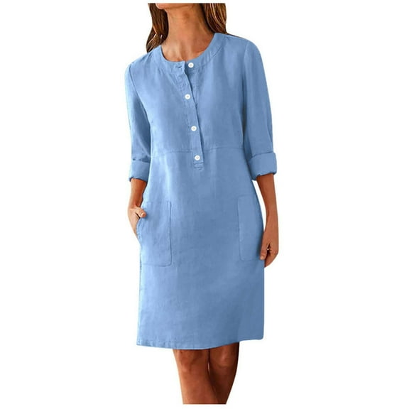 Cmfcve Women's Casual Dresses Long Sleeve Round Neck Cotton Linen Dress Oversized Button Straight Midi Dresses with Pocket