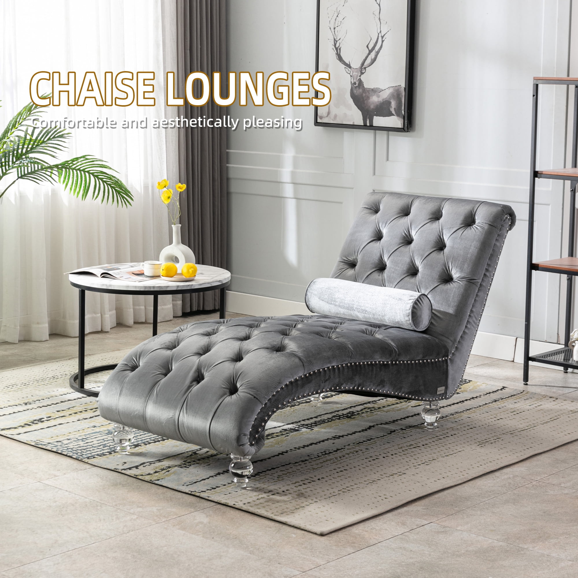 MOONMISS Velvet Chaise Lounge Chair Button Tufted Upholstered with Pillow Indoor